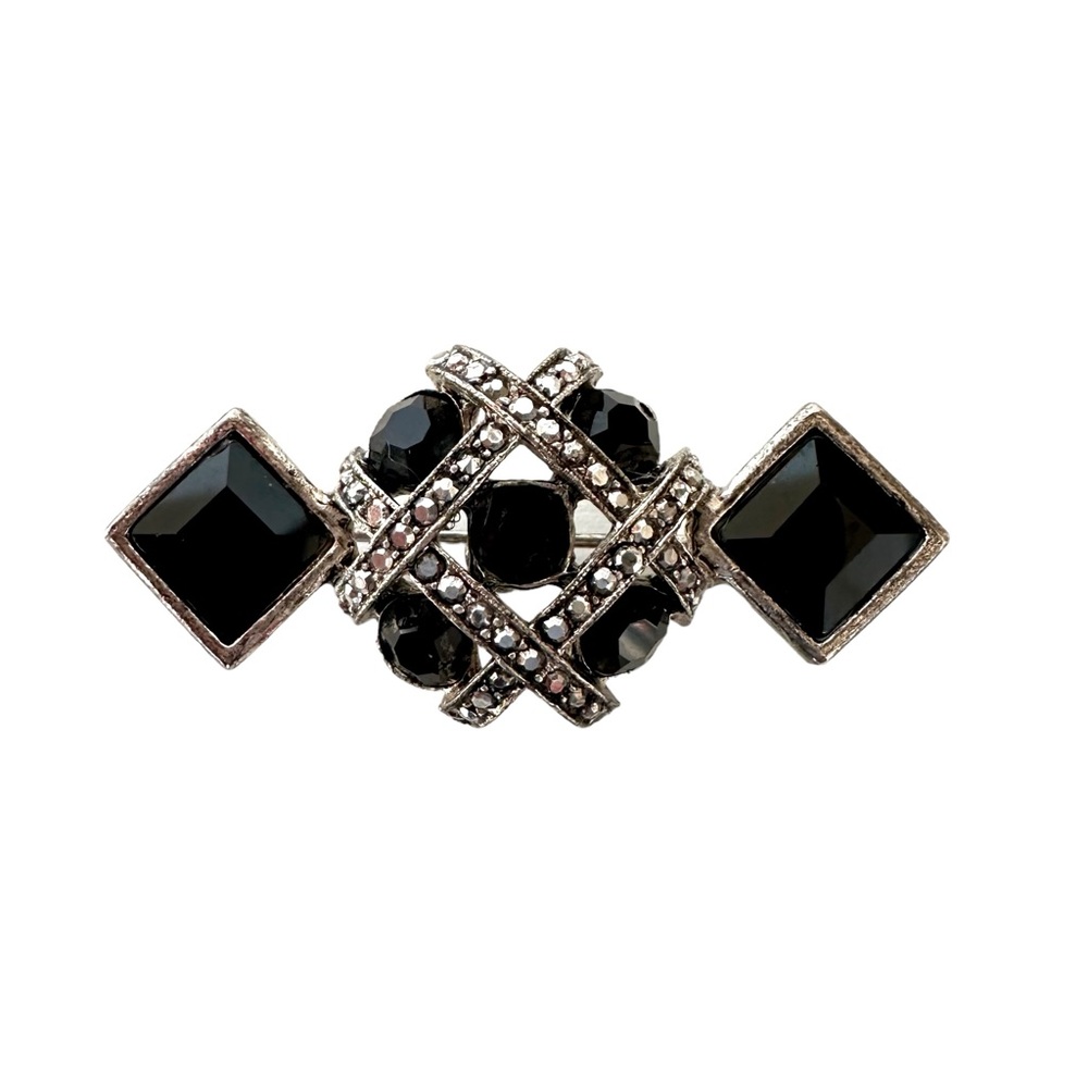 Vintage Signed Graziano Black Onyx Silver Tone Marcasite and Pave Brooch